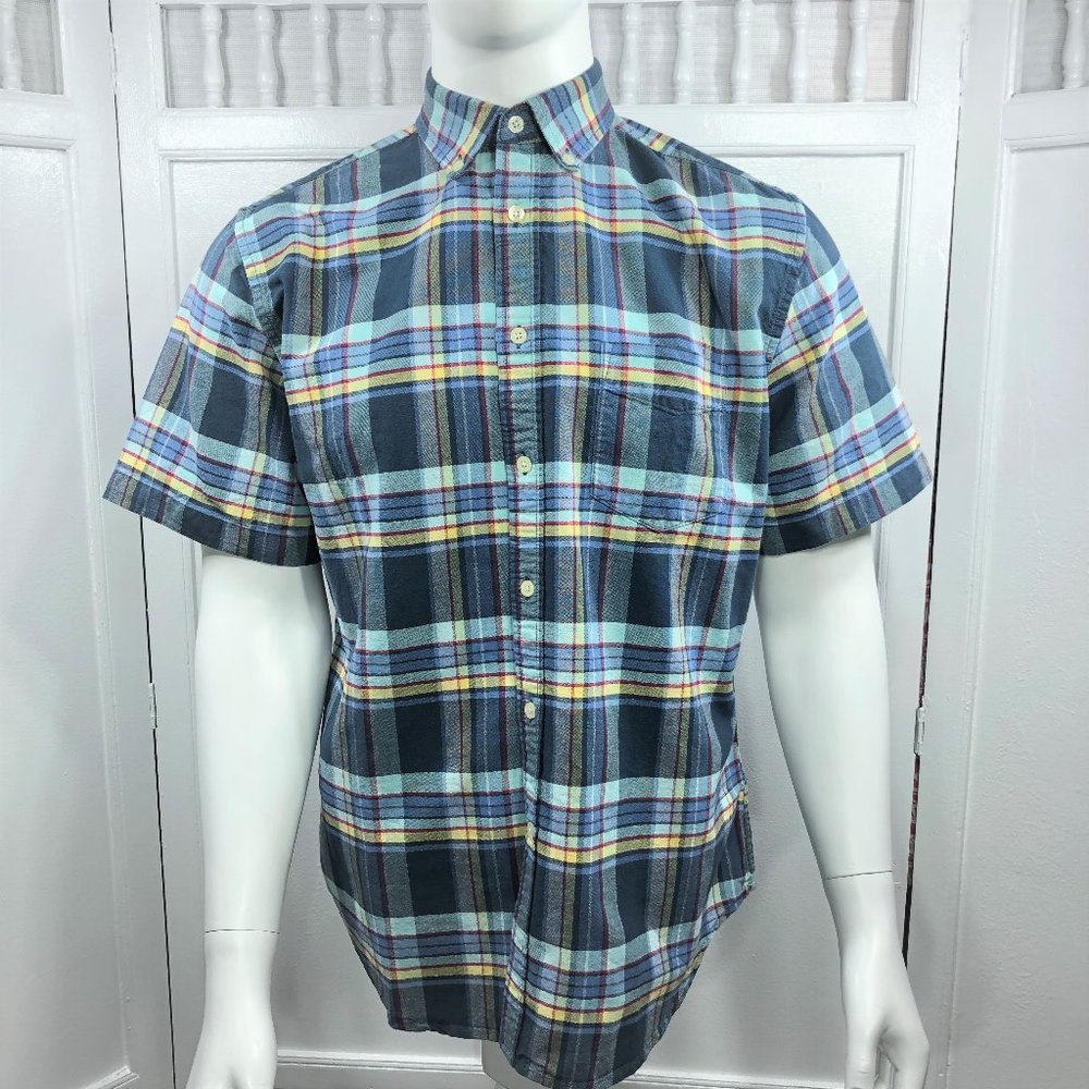 Merona Mens Button Down Shirt Short Sleeve Blue Plaid Size M